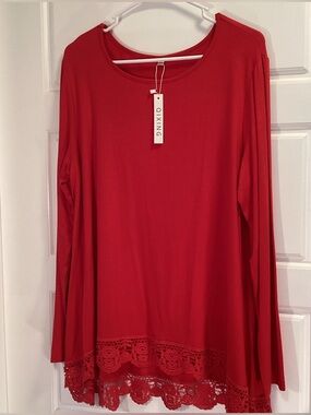 Qixing Red Long-Sleeve Lace-Hem Tunic Top